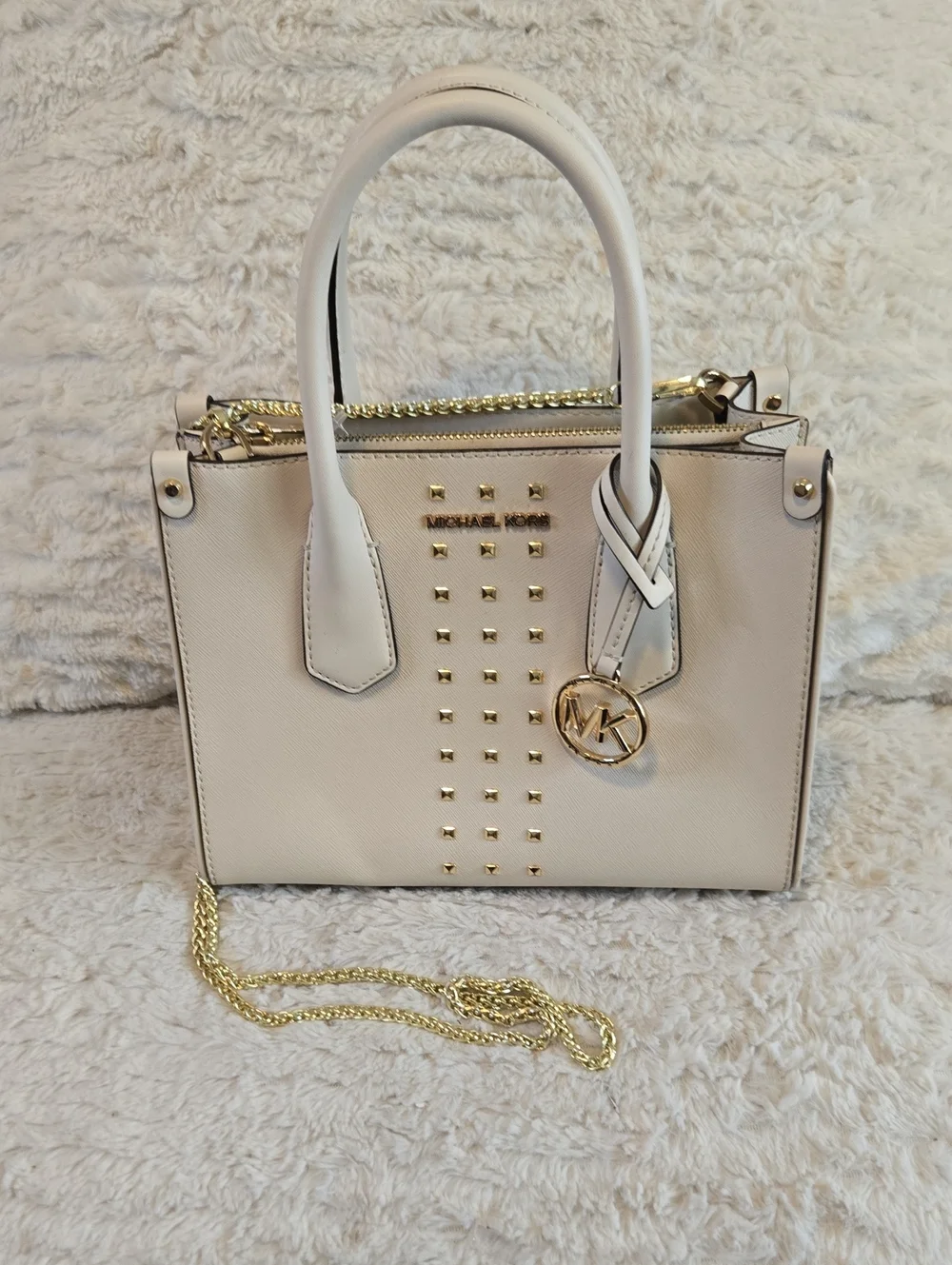 Michael Kors Cream Saffiano Leather Studded Satchel with Gold Hardware Nwot